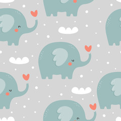 Elephant cute seamless pattern, Cartoon elephant background, vector illustration