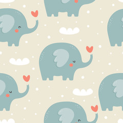 Elephant cute seamless pattern, Cartoon elephant background, vector illustration