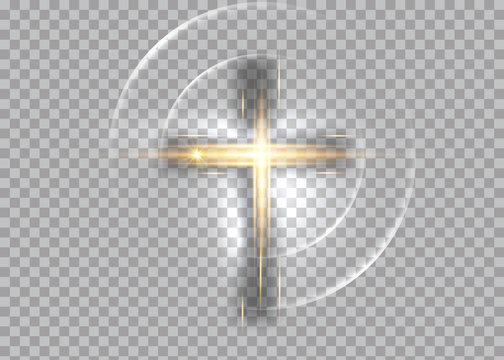 Cross Of Light, Shiny Cross With Golden Frame Symbol Of Christianity. Symbol Of Hope And Faith. Vector Illustration Isolated On Transparent Background