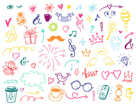 Happy positive Kids doodles, funny hand drawn set, education, kindergarden, adventure, birthday, holidays, social media, blogging illustrations