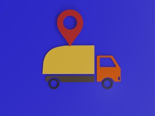 Moving truck with localization icon as paper cut art over a blue background viewed from above