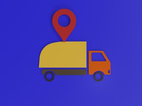 Moving truck with localization icon as paper cut art over a blue background viewed from above