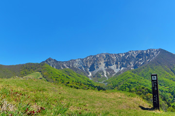 快晴の空と新緑の山