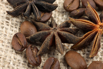 Picture of roasted coffee beans and star anise on rug and wooden table