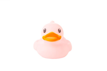 Pink rubber duck isolated on white background