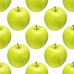 Pattern of green apples on a white background. Isolated fruits. Image for fabric, wallpaper and wrapping paper.