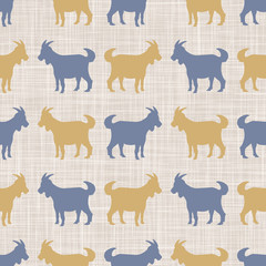 Naklejka na ściany i meble Seamless french farmhouse goat silhouette pattern. Farmhouse linen shabby chic style. Hand drawn rustic texture background. Country farm kitchen design. Chevon meat cut textile all over print.