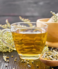 Tea of gray wormwood in glass cup with mortar on board