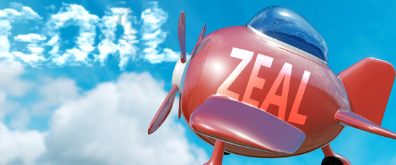 Zeal helps achieve a goal - pictured as word Zeal in clouds, to symbolize that Zeal can help achieving goal in life and business, 3d illustration