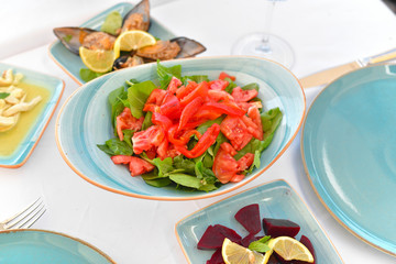 appetizers with yogurt, tomatoes, cheese, lemon, greens, mussels, olives, snacks on white background, ready for service, should be used as background.