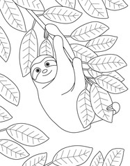 Fun coloring book with the cute sloth and the leaves of the tree. Animal drawing for children. Vertical page, black outline on white background, vector illustration. © kat