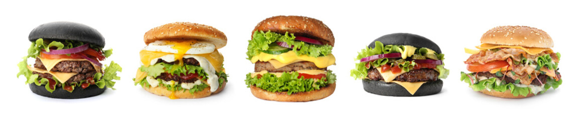 Set of different delicious burgers on white background. Banner design