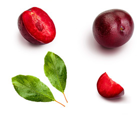 Plums from different angles and leaves isolated on white background. Appetizing and healthy red plums, whole and cut into segments with an aspect of illustration.