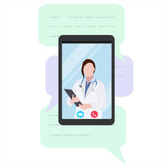 vector illustration on a white background doctor on the screen of a tablet / phone video call to the patient, online medicine