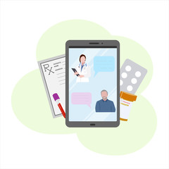 vector illustration the patient communicates with the doctor by online messaging on the phone, medication prescription, blood test, medication, online medicine