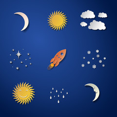 Vector illustration of the celestial bodies and the rocket paper cut. Set of cartoon celestial bodies for weather