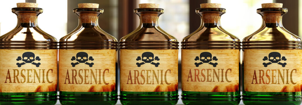 Arsenic can be like a deadly poison - pictured as word Arsenic on toxic bottles to symbolize that Arsenic can be unhealthy for body and mind, 3d illustration