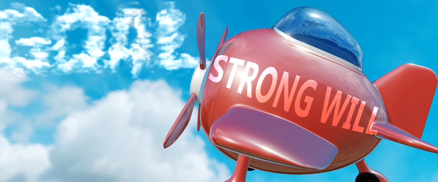 Strong will helps achieve a goal - pictured as word Strong will in clouds, to symbolize that Strong will can help achieving goal in life and business, 3d illustration