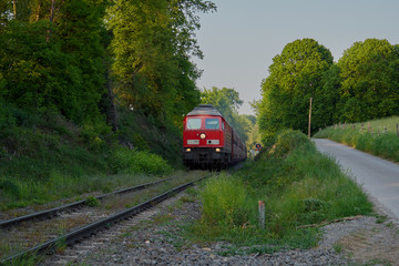 Fototapeta na wymiar A freight train travels through the village. Green trees and bushes grow around the track