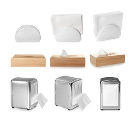 Set of different modern napkin holders on white background