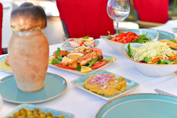 appetizers with yogurt, tomatoes, cheese, lemon, greens, mussels, olives, snacks on white background, ready for service, should be used as background.