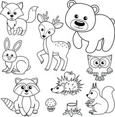 Forest animals. Fox, bear, raccon, hare, deer, owl, hedgehog, squirrel, agaric and tree stump.