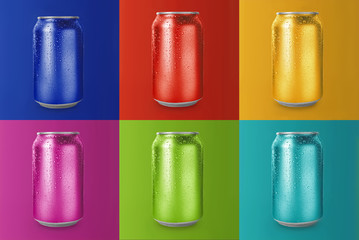 Collage with aluminum cans on different color backgrounds