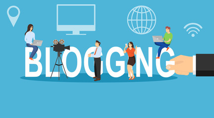 Blogging, people have a personal blog. Hand holds the inscription blogging with mini characters people bloggers. Remote work, freelance. Vector illustration.