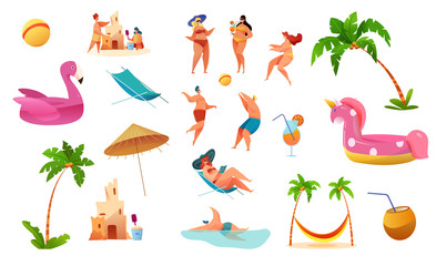 Vector cartoon summer beach vacation symbols set