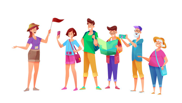 Vector flat tourist with tour guide at excursion