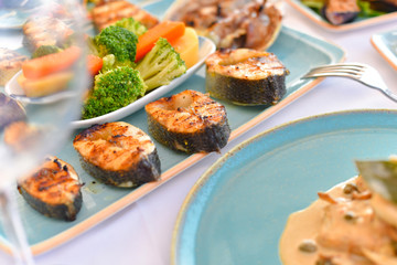 appetizers with yogurt, tomatoes, cheese, lemon, greens, mussels, olives, snacks on white background, ready for service, should be used as background.