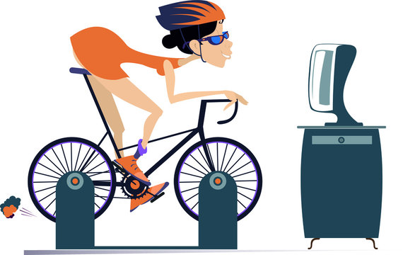 Cyclist woman trains at home on the exercise bike illustration. Cyclist young woman rides on exercise bike in front of TV or computer isolated on white
