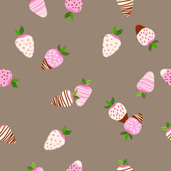 Seamless vector pattern of chocolate covered strawberries. Berry background. Food illustration. Dessert pattern. Strawberries in chocolate.
