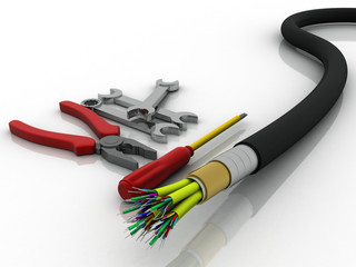 3d rendering Fiber optical cable detail with tools