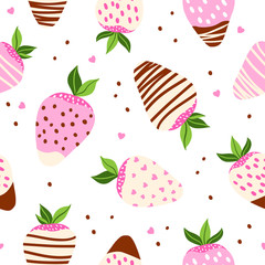 Seamless vector pattern of dark and white chocolate covered strawberries. Berry isolated background. Food illustration. Dessert pattern. Strawberries in chocolate.