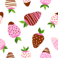Seamless vector pattern of dark and white chocolate covered strawberries. Berry isolated background. Food illustration. Dessert pattern. Strawberries in chocolate.