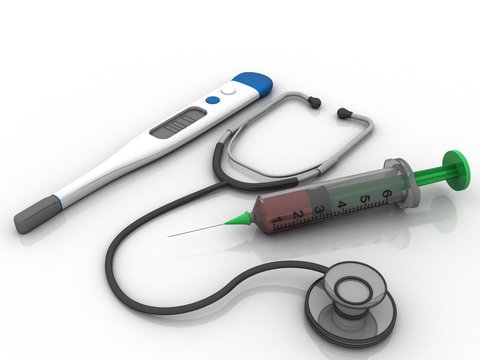 3d rendering stethoscope with syringe near Electrical thermometer
