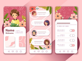 Girlfriend group and sweet pink color tone theme. application design. UI, UX screens and flat icons for mobile apps. User interface design. vector illustration.