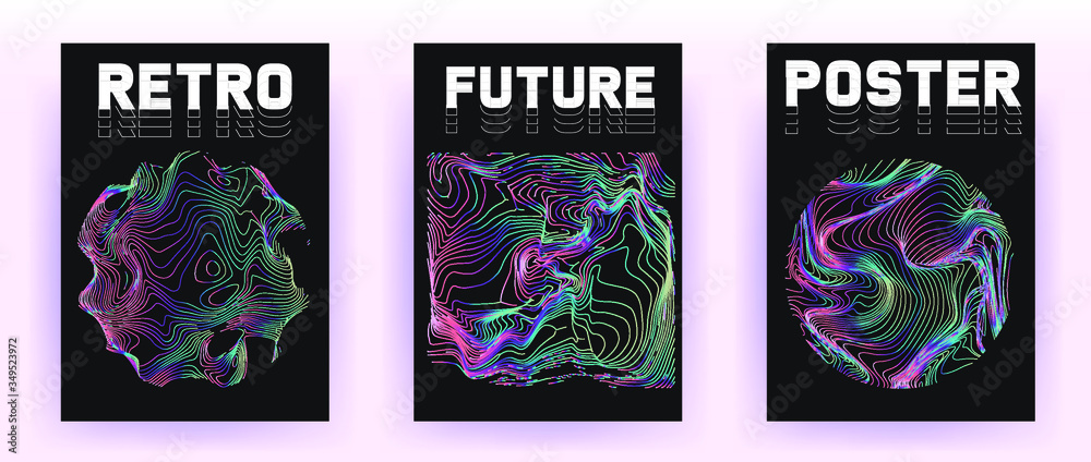 Poster set of retrofuturistic posters with holographic chromatic shapes in rainbow colors. synthwave and va