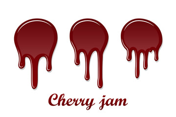 Red cherry drip confiture 3D set. Berry sweet jam spot isolated white background. Drips flowing down stain. Drop realistic design. Syrup of strawberry melted sauce. Tomato splash Vector illustration