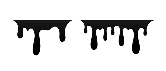 Drip paint. Ink stain. Drop melt liquid isolated on white background. Splash of chocolate, oil, blood. Black splatter syrup, candy sauce, caramel. Color easy to edit. Vector illustration