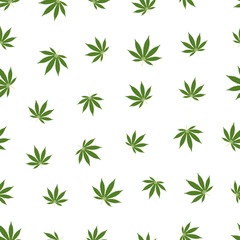 Naklejka premium Cannabis seamless pattern. Marijuana leaf, green weed plant. Hashish texture, isolated white background. Hemp psychedelic grass. Fabric print for medical wallpaper. Simple design Vector illustration