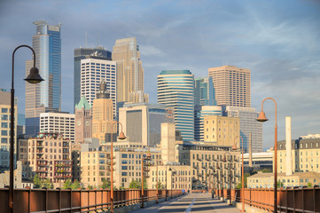 Fototapeta na wymiar City skyline Minneapolis Minnesota Daytime Photography on Bridge into the City. Downtown Mpls. 