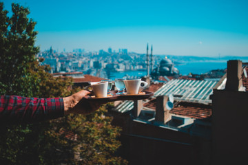 Fototapeta na wymiar Istanbul cityscape with coffee at Buyuk Valide Han