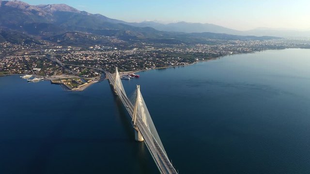 Cable suspension bridge of Rio - Antirio Harilaos Trikoupis, crossing Corinthian Gulf, mainland Greece to Peloponnese, Patras city view
