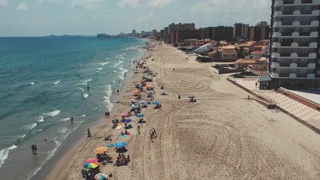 La Manga, Spain, top view of a beach in a summer day.