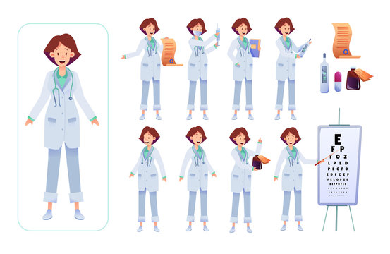 Vector flat woman doctor animation creation set