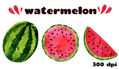 Watercolor watermelon set isolated on white background.