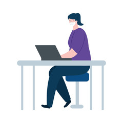 woman using face mask with laptop vector illustration design