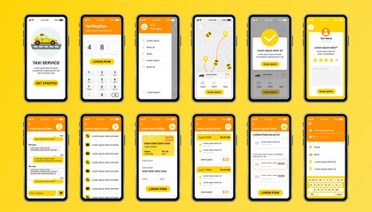 Taxi service unique design kit for mobile app. Online taxi booking screens with route, chat, rating and taxi fare. Transportation service UI, UX template set. GUI for responsive mobile application. © alexdndz